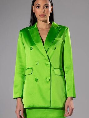 AKIRA Neon Green Double-Breasted Satin Blazer and Skirt Set